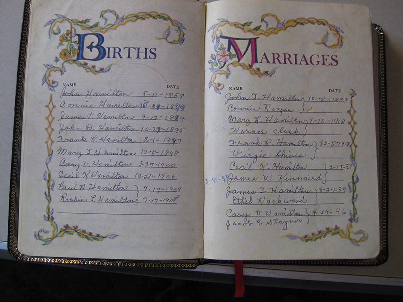 Cary's Bible - birth and marriage records
